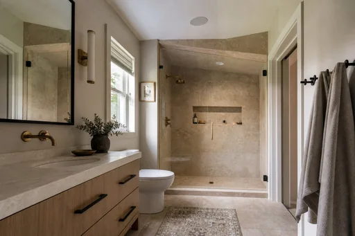 Representative walk-in shower and vanity design for a residential bathroom remodel
