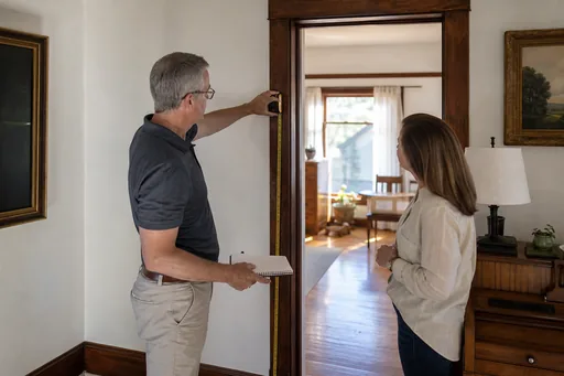 Representative contractor walkthrough and measurement for a residential remodeling project
