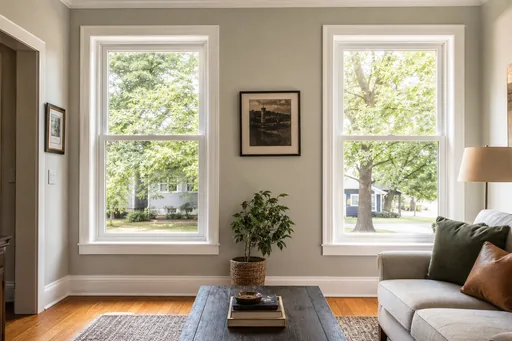 Representative full-frame windows and restored wood casing in an older home